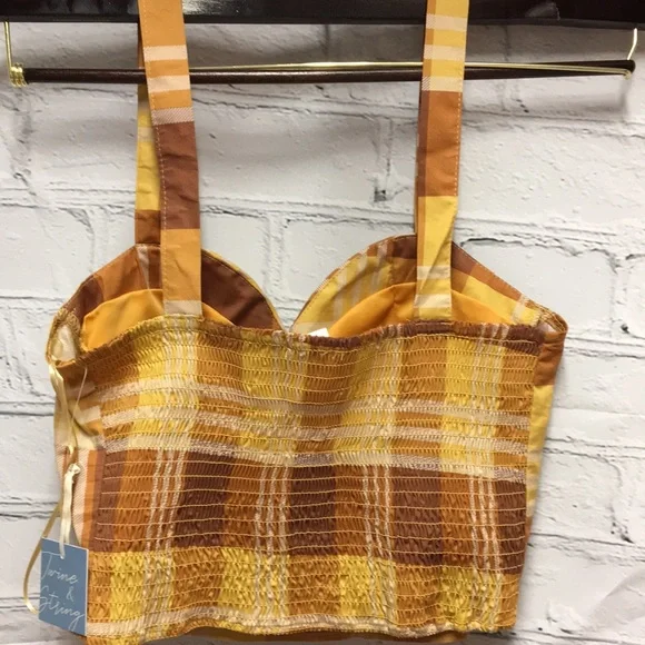 Plaid Vintage twine & string NY CORSET PLAID TOP padded  brown plaid size M - Picture 8 of 13